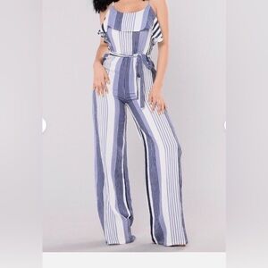 Fashion Nova White And  Blue Navy Jumpsuit
